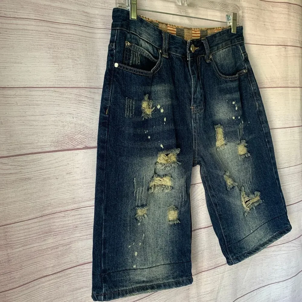 Qimu Fashion Mens Distressed Denim Jean Shorts Paint Splatter Size 30